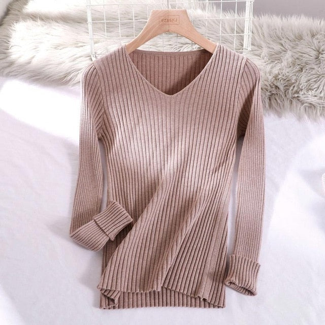 V-Neck Solid Slim Long Sleeve Bodycon Sweater
