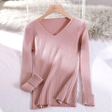 V-Neck Solid Slim Long Sleeve Bodycon Sweater