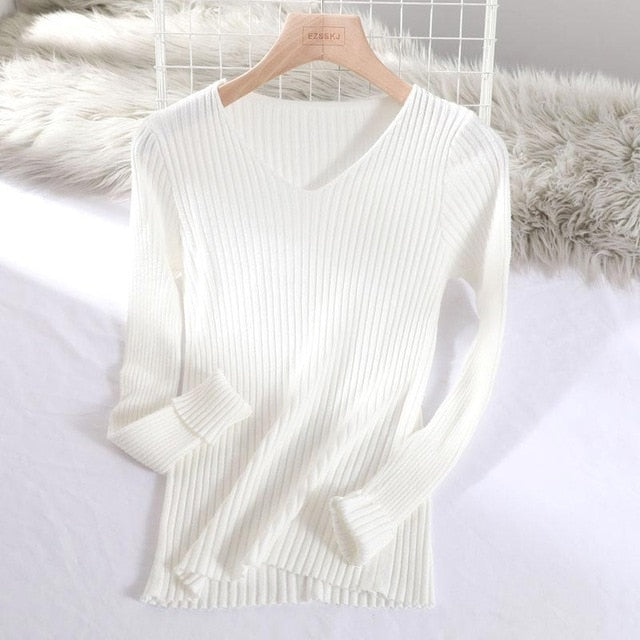 V-Neck Solid Slim Long Sleeve Bodycon Sweater