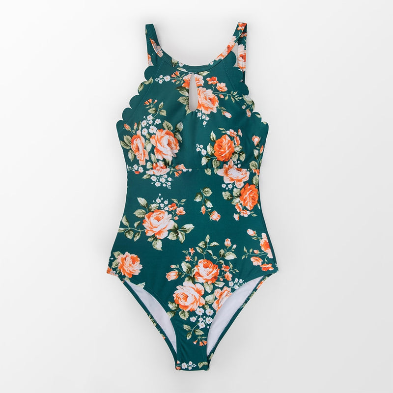 Green Floral Scalloped One-piece Swimsuit