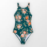 Green Floral Scalloped One-piece Swimsuit