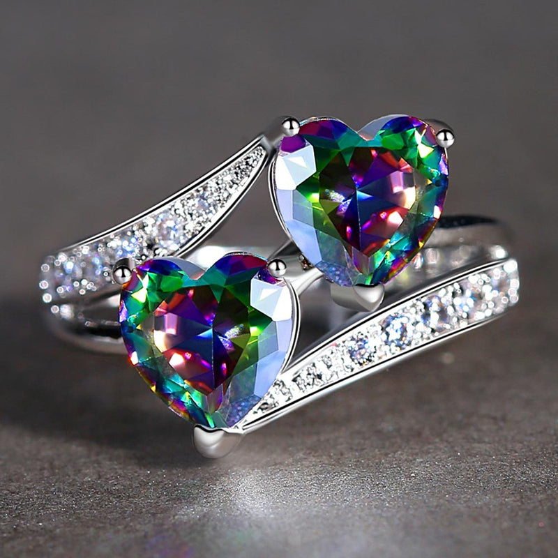 Double Heart Rainbow CZ Ring