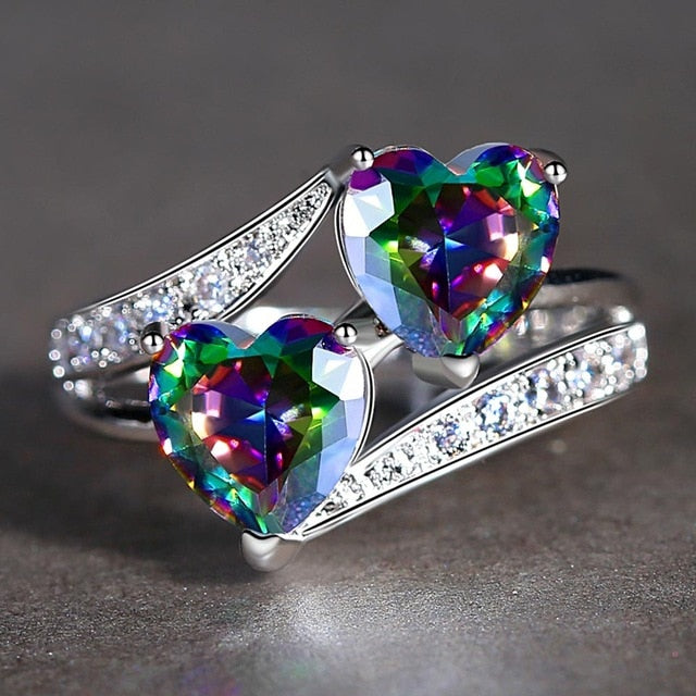 Double Heart Rainbow CZ Ring