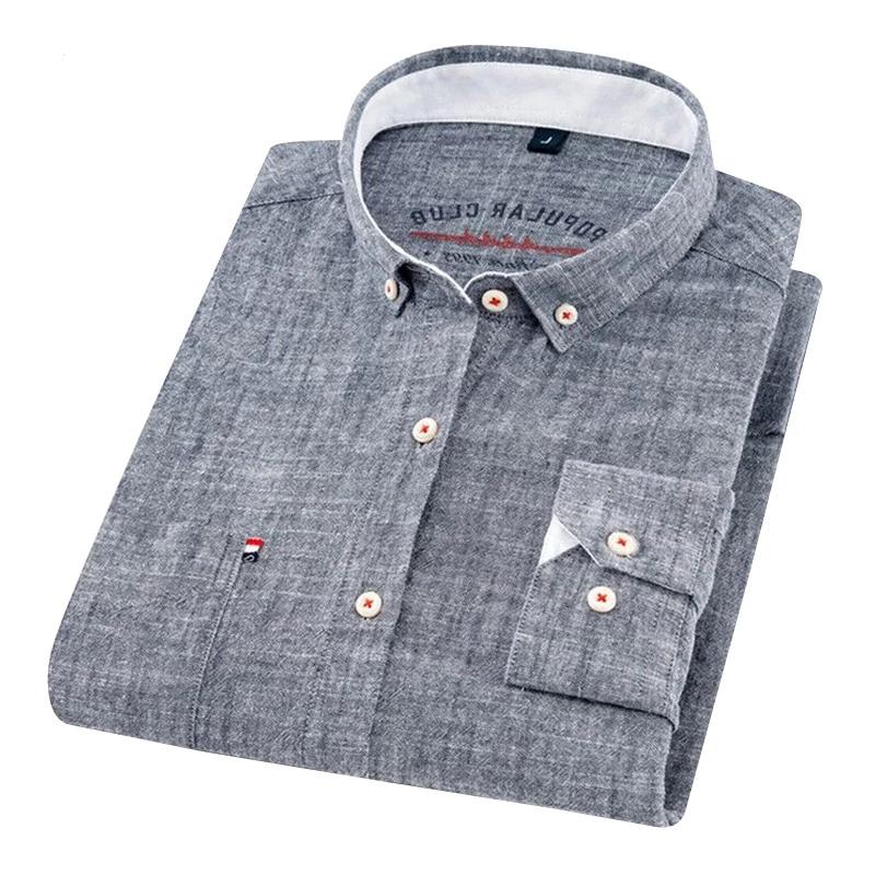 Men Shirt Long Sleeve Cotton And Linen Turn-Down